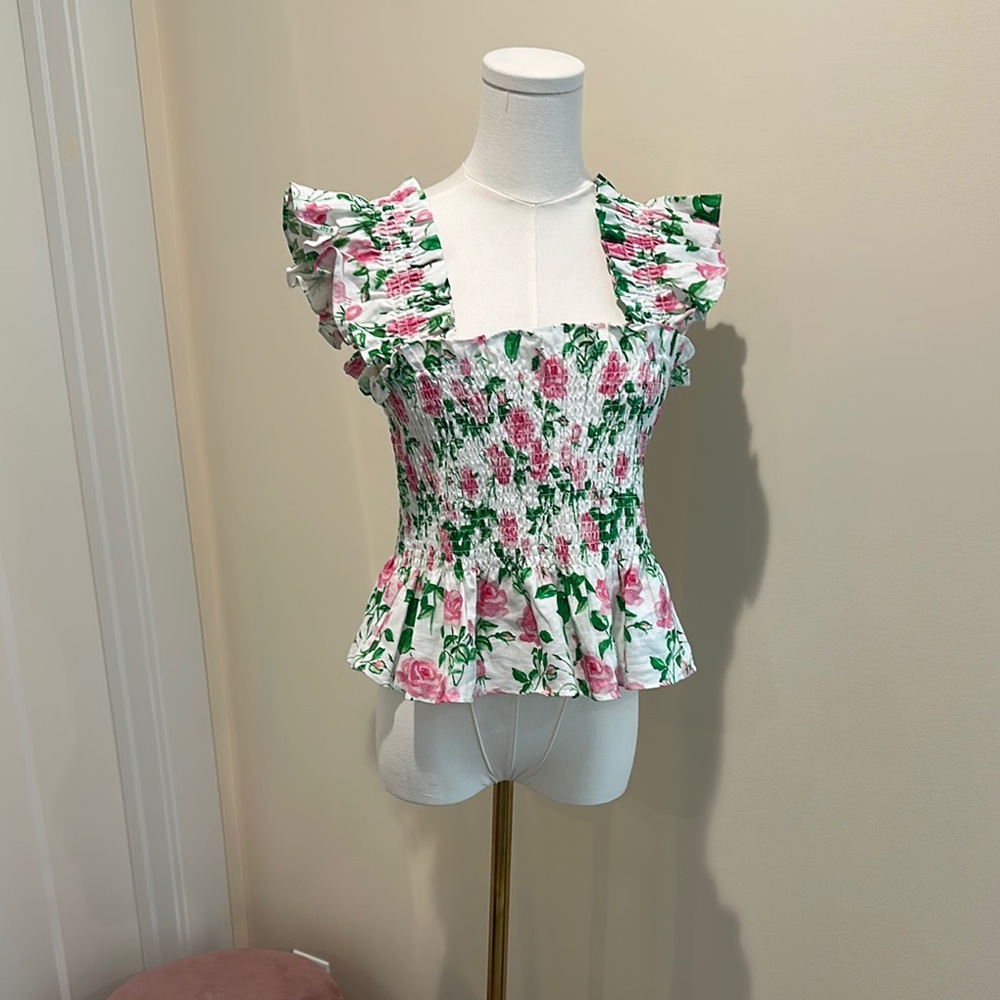 Hill House Pink and Green Ruffled Peplum Blouse